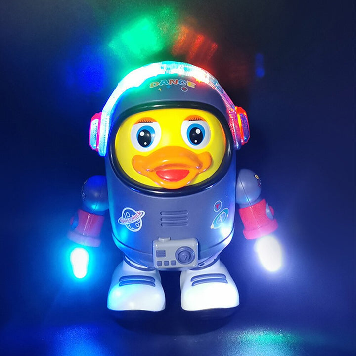 Kids' musical dancing astronaut duck toy with lights; interactive toddler space adventure fun for children's gift.
