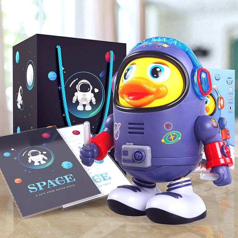 Adorable astronaut duck toy, musical, dancing, with lights. Promotes interactive educational fun for kids & toddlers.