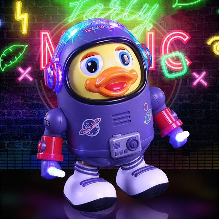 Musical dancing astronaut duck toy for kids, a unique interactive educational plaything for toddler space adventures.