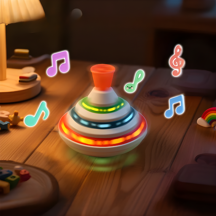Colorful Kids' Musical Light-Up Spinning Top Sensory Toy for toddlers. Fun developmental play.