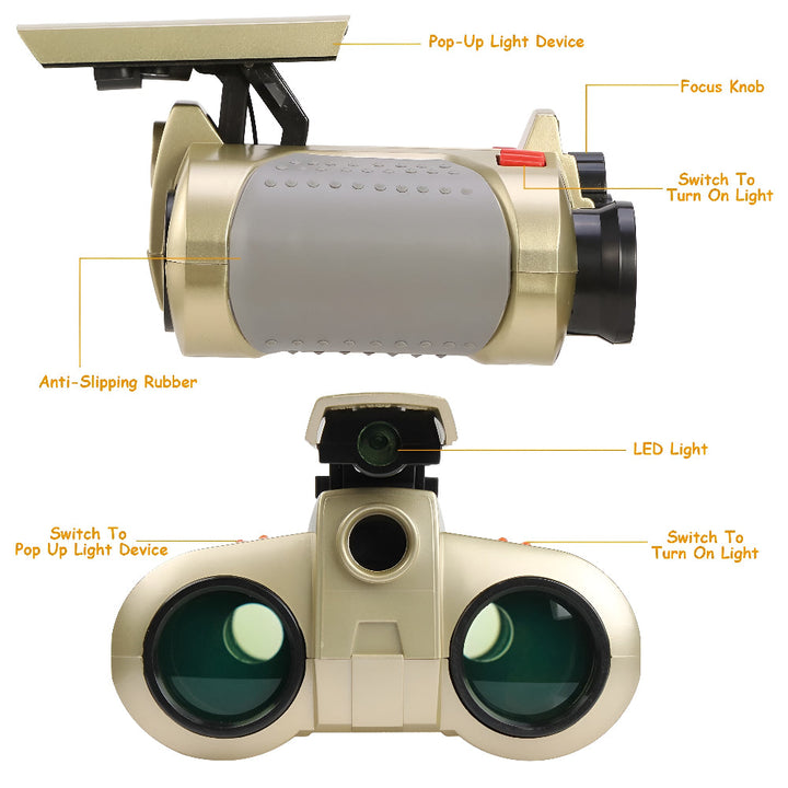 Boy with night vision binoculars spotting wildlife at dusk, nature toy