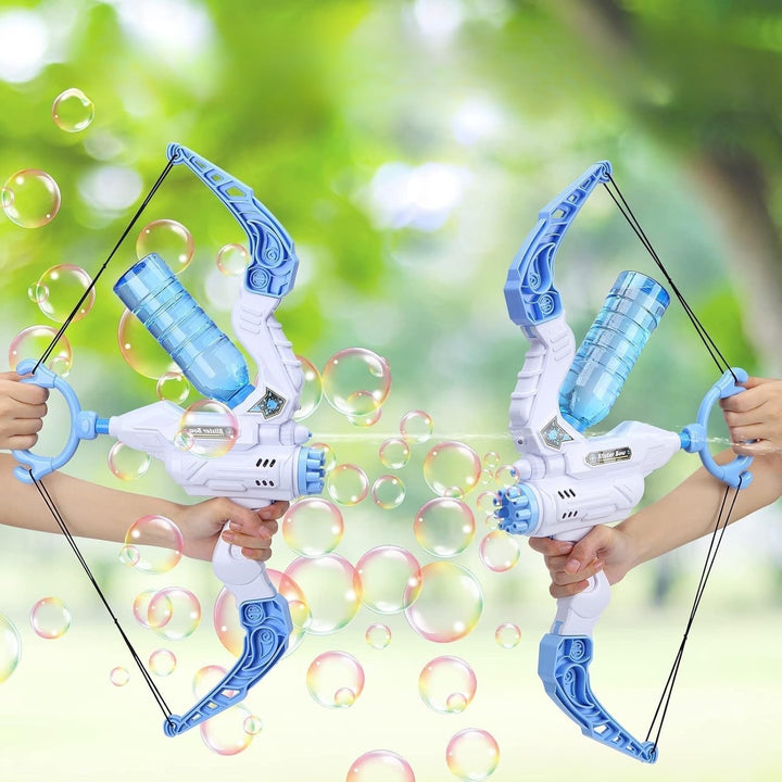 Dual function toy bow: Shoots bubbles & water. Ideal for active kids' summer outdoor play and fun.