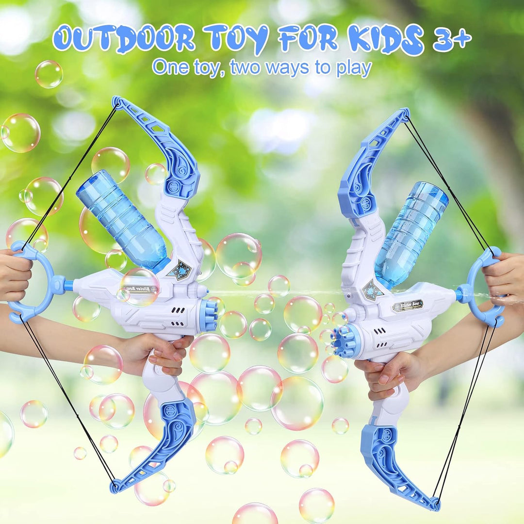 Kids' action-packed 2-in-1 bubble & water blaster bow. Creates splashes & bubbles for outdoor fun.
