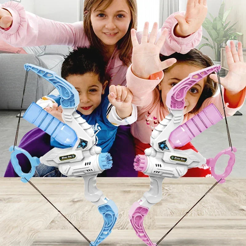 Easy-to-use kids' 2-in-1 bubble & water blaster bow toy. Exciting for outdoor group play & summer.