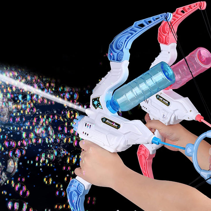 Vibrant kids' 2-in-1 toy bow, launching bubbles & water. Enhances outdoor active play for children.