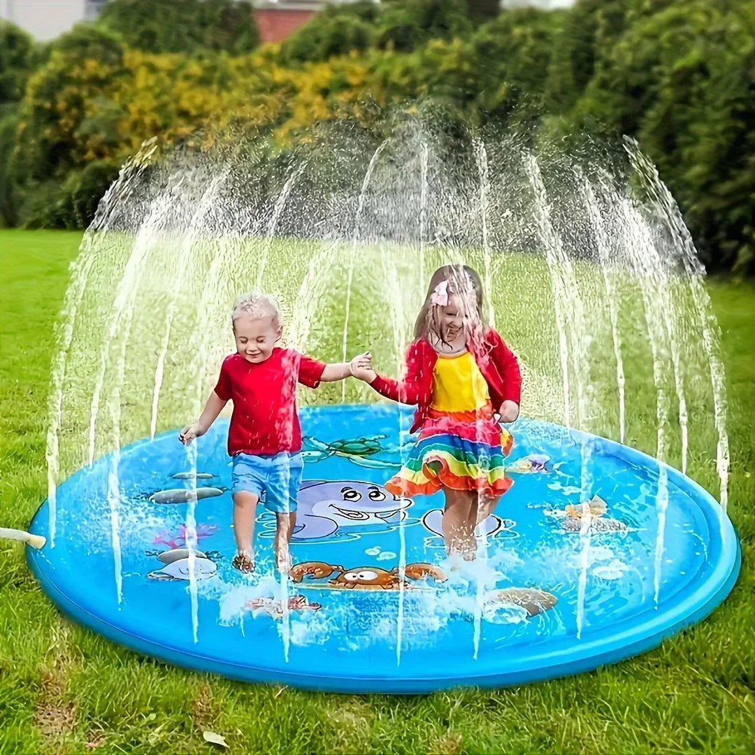 Kids Outdoor Sprinkler Play Mat with cheerful design, perfect for backyard water fun & summer splashing.