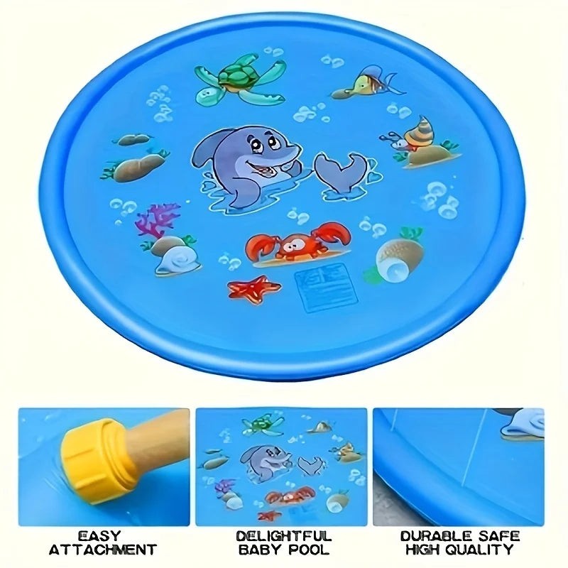 Happy kids laughing and playing on a colorful outdoor sprinkler play mat, enjoying cool summer water fun.
