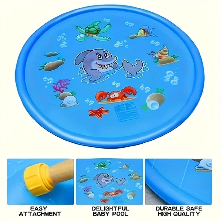 Happy kids laughing and playing on a colorful outdoor sprinkler play mat, enjoying cool summer water fun.