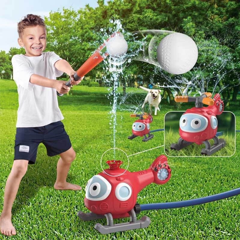 Kids' outdoor water sprinkler baseball game with bases and bat for summer backyard fun.