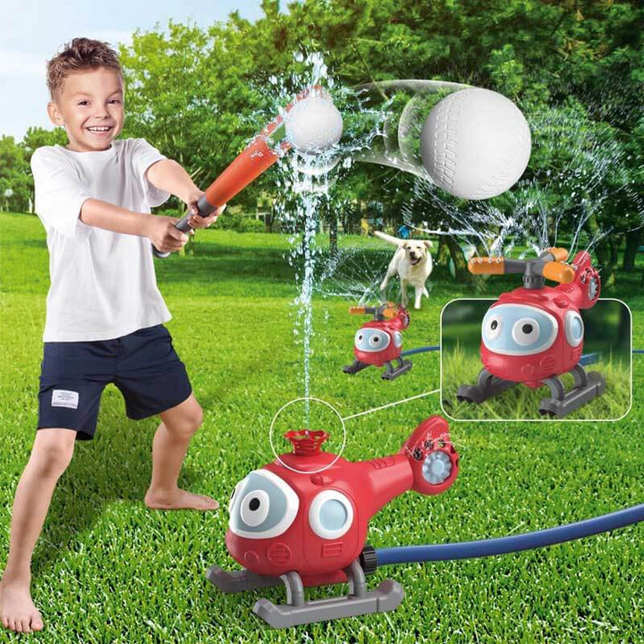 Kids' outdoor water sprinkler baseball game with bases and bat for summer backyard fun.