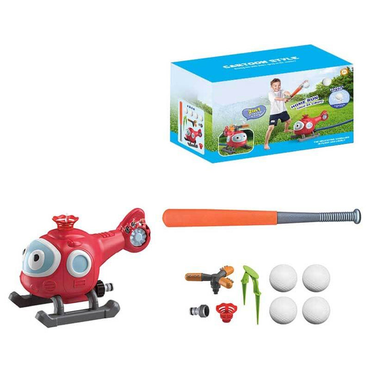 Summer backyard water game: a sprinkler baseball set for kids' outdoor active play and cool fun.