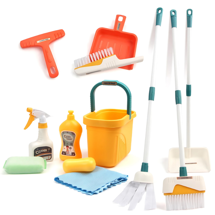 Colorful plastic pretend play cleaning set with broom, mop, bucket; ideal role play toy for toddlers.