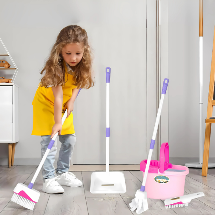 Child development pretend play cleaning set; encourages responsibility & imaginative role-play for kids.