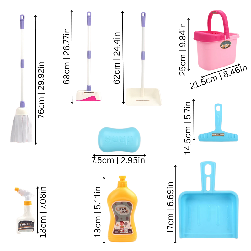 Complete kids' pretend play cleaning toy set for creative role play; fun educational toy for toddlers.