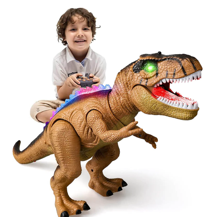 Kids' remote control electric dinosaur toy, walking, roaring, and glowing with LED lights for interactive fun.