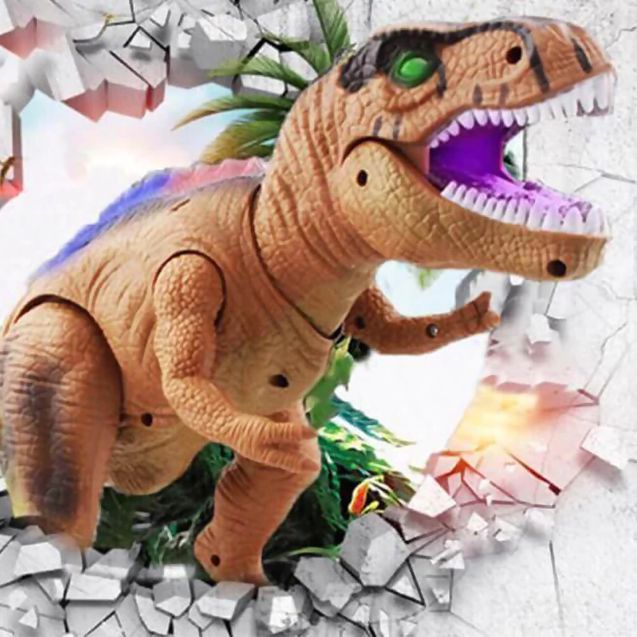 Children's electric walking dinosaur toy with remote control, roaring sounds, and vivid LED lights.