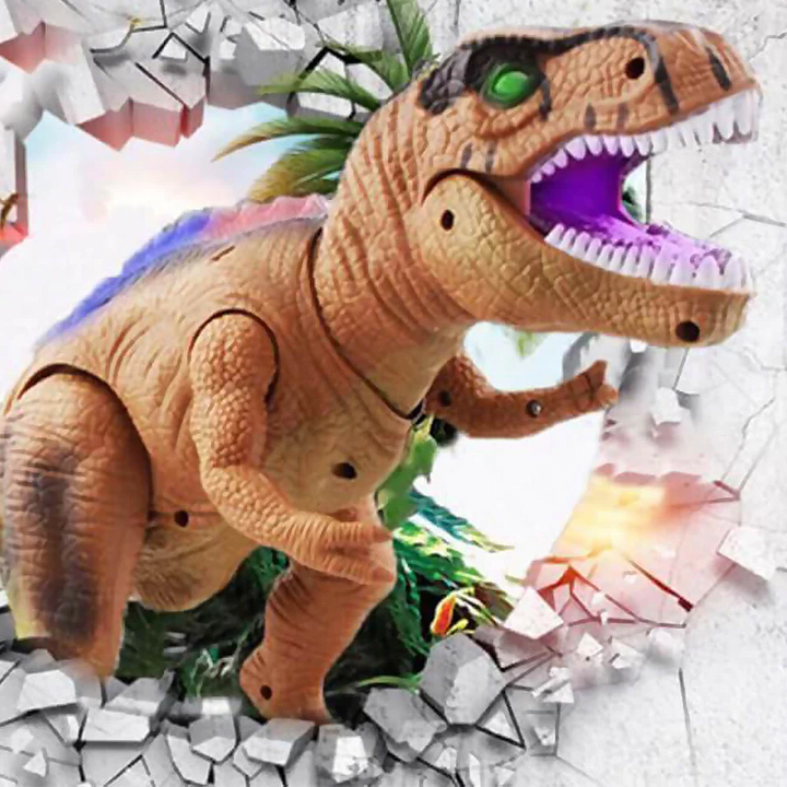 Children's electric walking dinosaur toy with remote control, roaring sounds, and vivid LED lights.