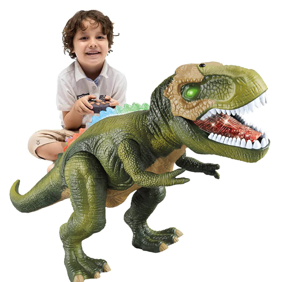 Dynamic roaring remote control dinosaur toy with LED eyes, ideal for engaging and interactive children's play.
