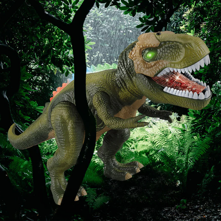 Electric walking dinosaur RC toy for children, with remote control, roaring sounds, and flashing LED lights.
