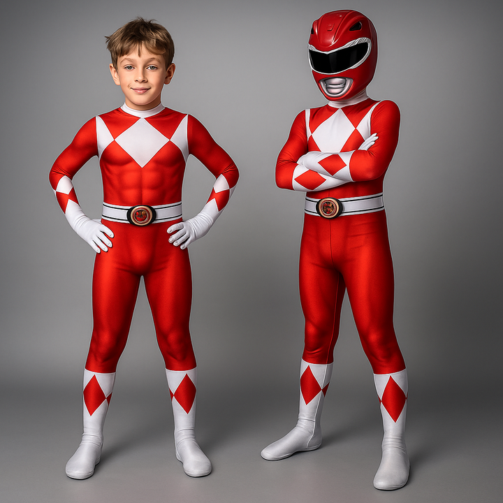 Kids superhero jumpsuit costume with muscle print and detachable hood