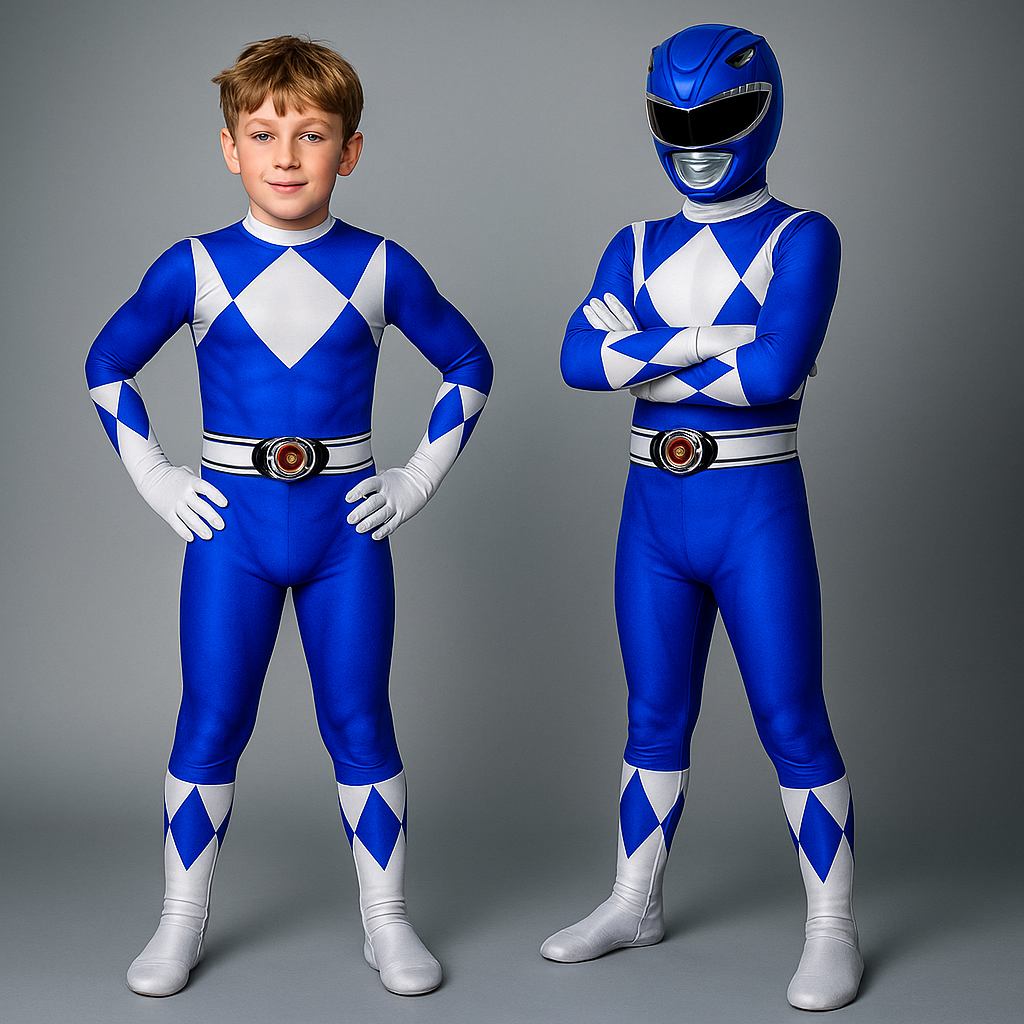 Children's superhero outfit featuring a bold muscle print design