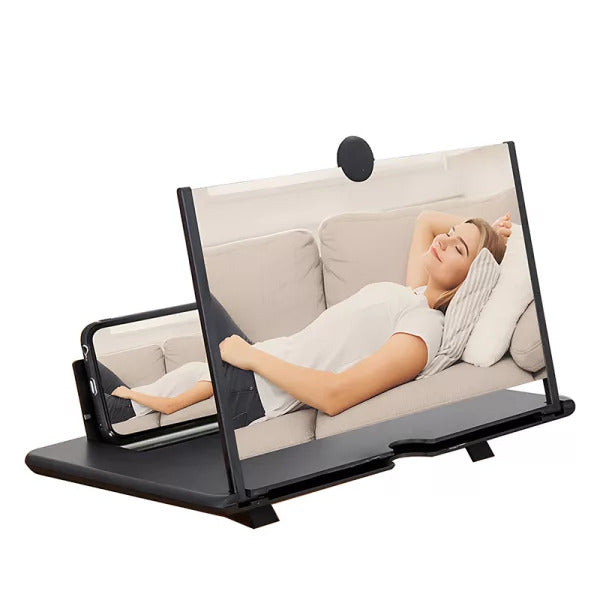 Foldable smartphone screen amplifier, a portable phone projector stand for universal mobile viewing.