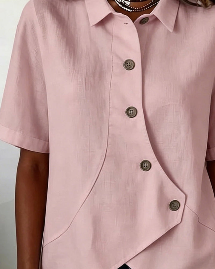 Stylish women's fashion top: asymmetrical placket button-down shirt, perfect for casual elegance.