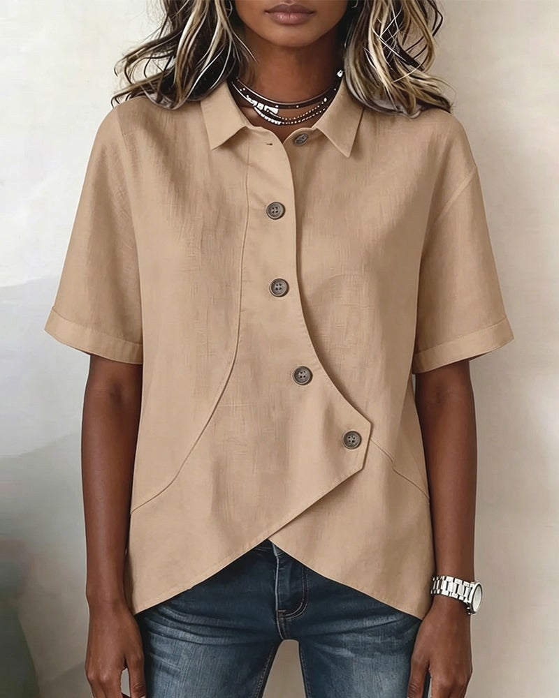 Women's casual long sleeve shirt with an asymmetrical button placket, great for everyday fashion.