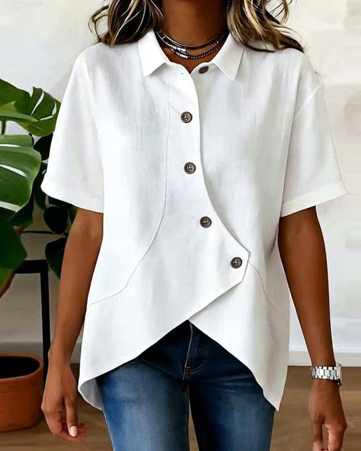 Casual yet chic women's long sleeve button-down shirt, a versatile asymmetrical top for daily wear.