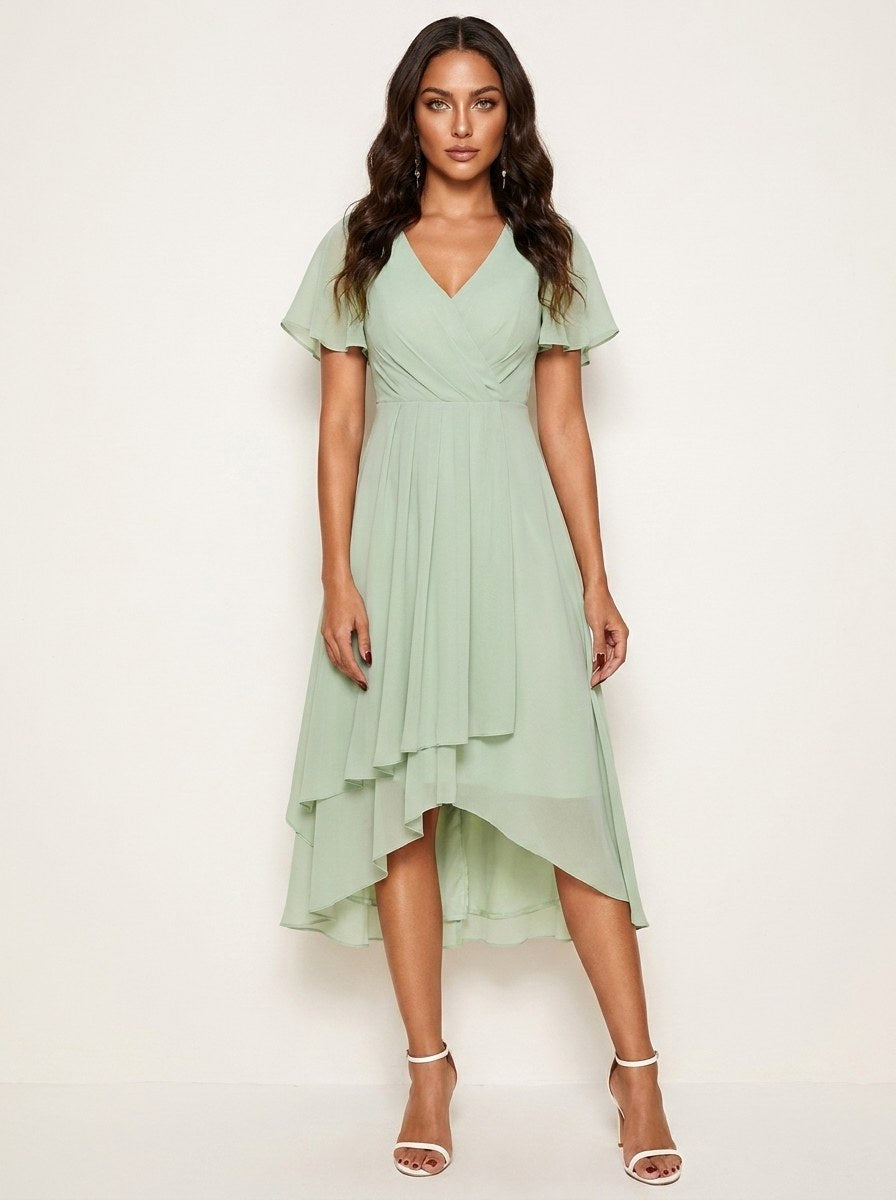 Green elegant women's midi dress with subtle embellishments, ideal for summer occasions.