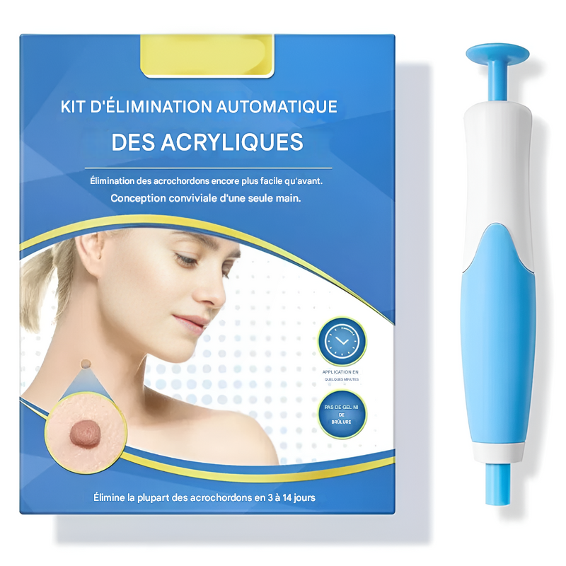 Contents of an at-home cryotherapy kit for skin tag removal, showing applicator and treatment solution for beauty.