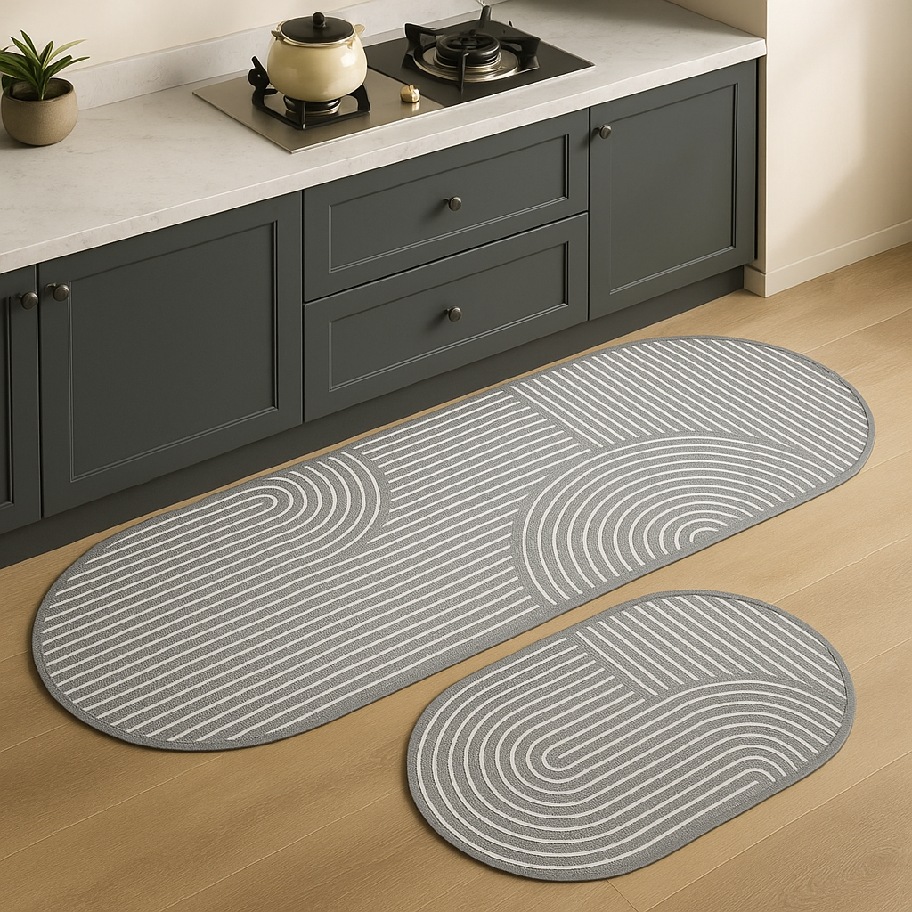 Stylish cushioned anti-fatigue mat, non-slip & absorbent, a practical floor solution for any kitchen.