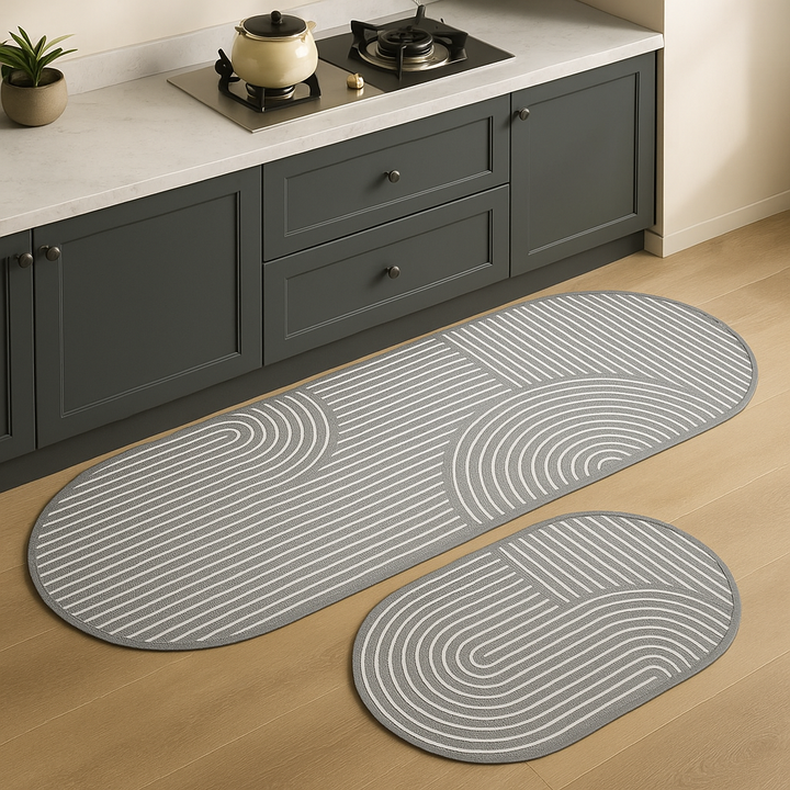 Stylish cushioned anti-fatigue mat, non-slip & absorbent, a practical floor solution for any kitchen.
