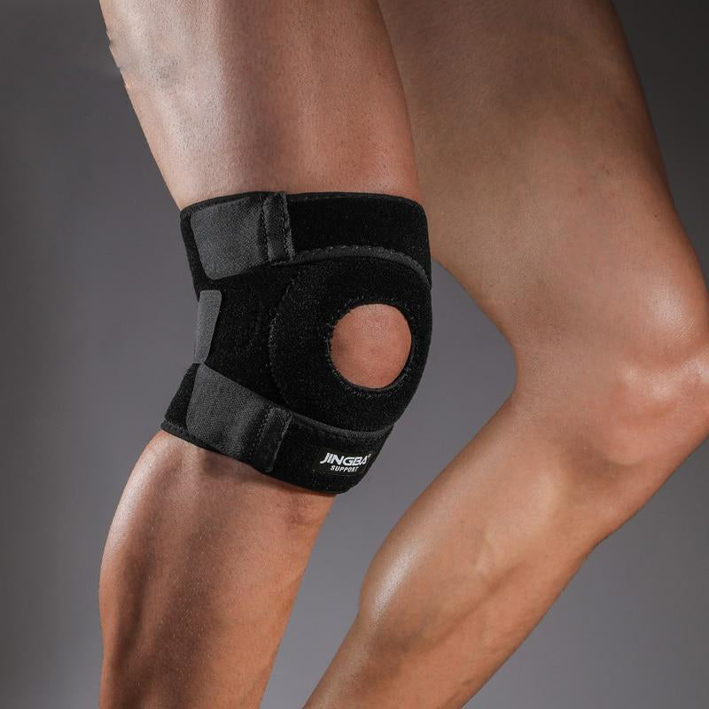 Black unisex knee brace providing robust joint support, compression for pain relief, and stability.