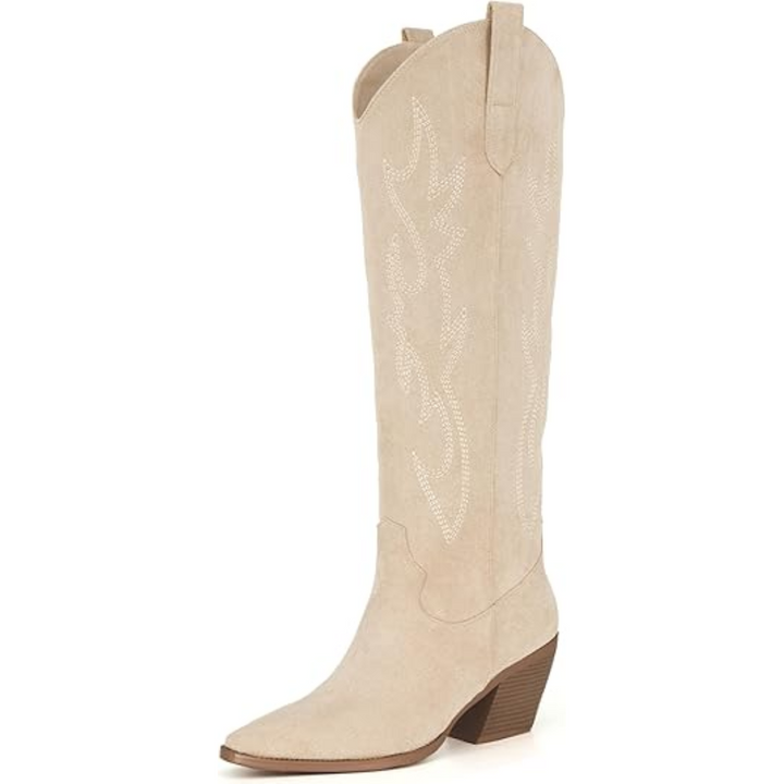 Western-style women's knee-high boots, suede & faux leather, classic embroidery, pointed toe, block heel.