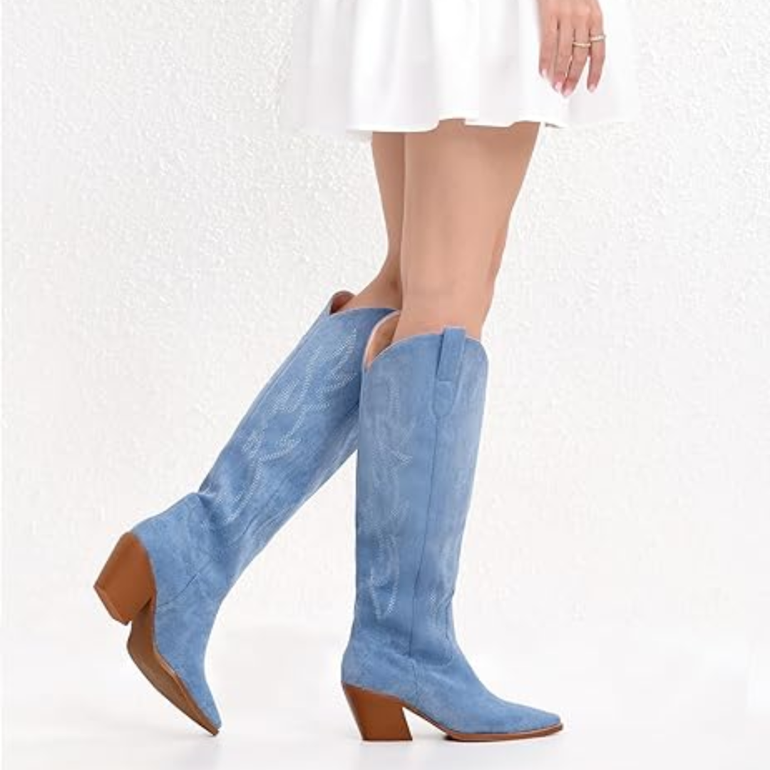Women's knee-high cowboy boots with intricate embroidery, perfect for western fashion.