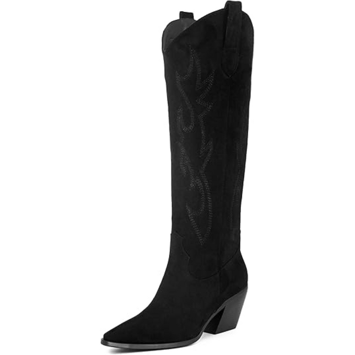 Trendy women's embroidered knee-high western boots, perfect for a bold fashion statement.