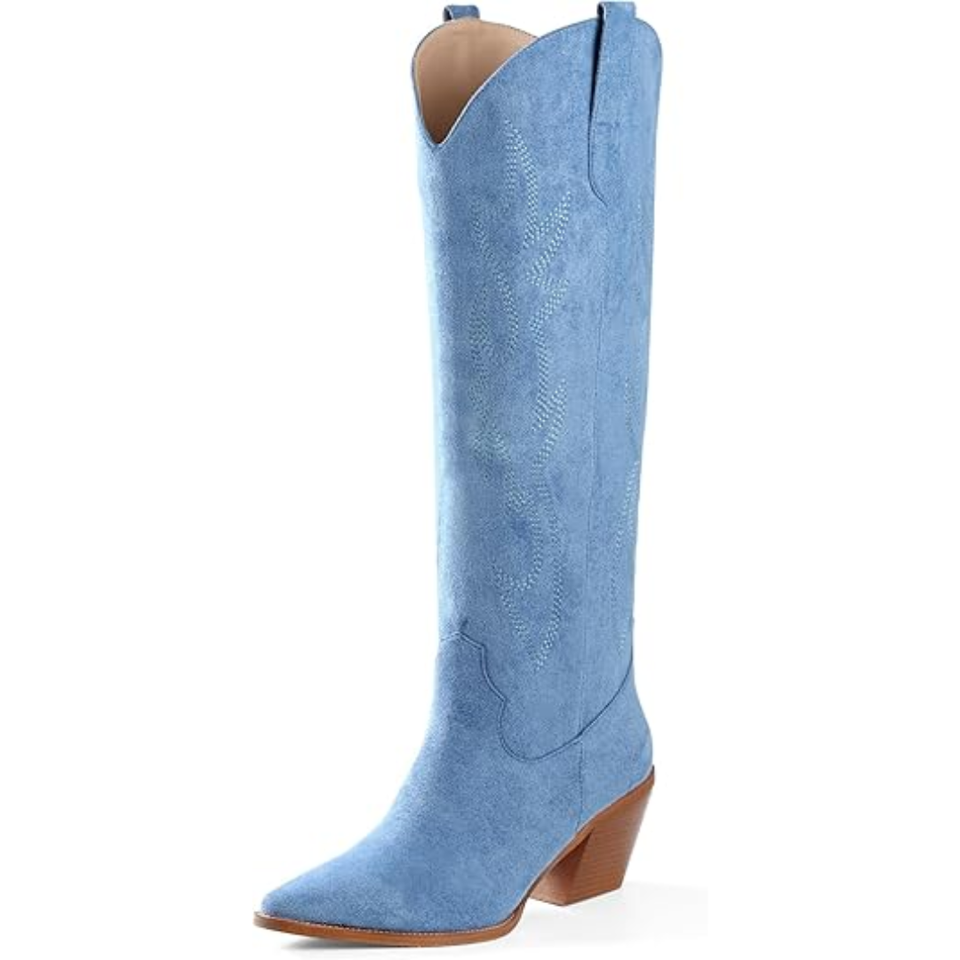 Beautifully embroidered women's knee-high western boots, featuring quality suede & faux leather.