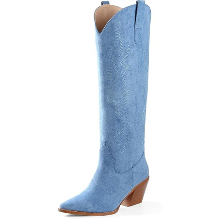 Beautifully embroidered women's knee-high western boots, featuring quality suede & faux leather.