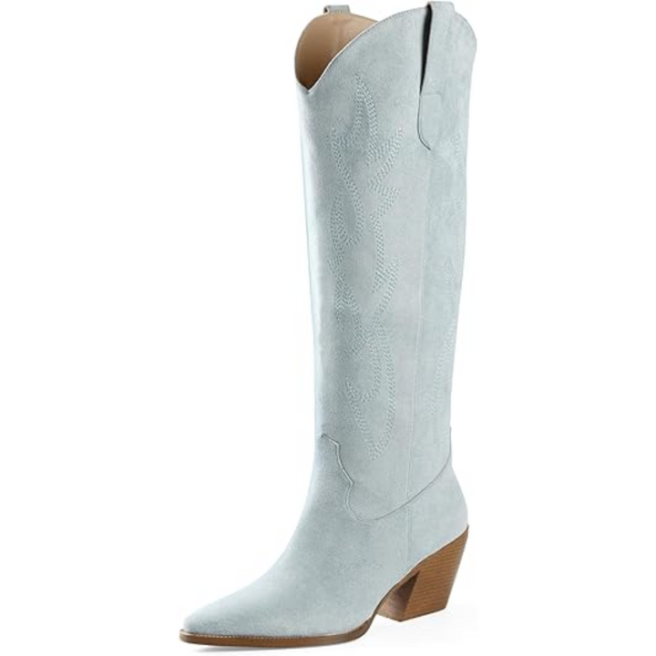 Mary style women's knee-high boots, suede & faux leather, with intricate western embroidery & pointed toe.