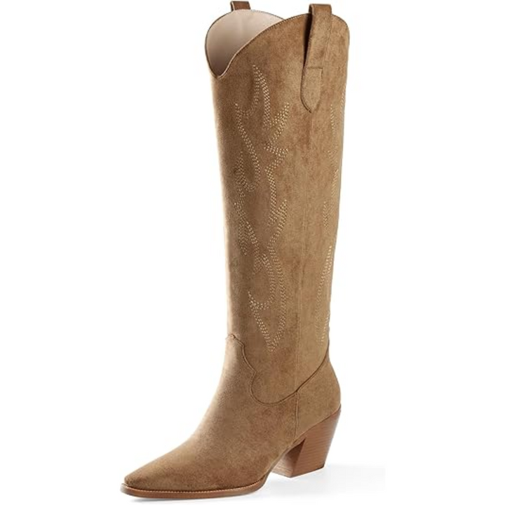 Women's fashionable knee-high cowboy boots with elegant embroidery & a comfortable block heel.
