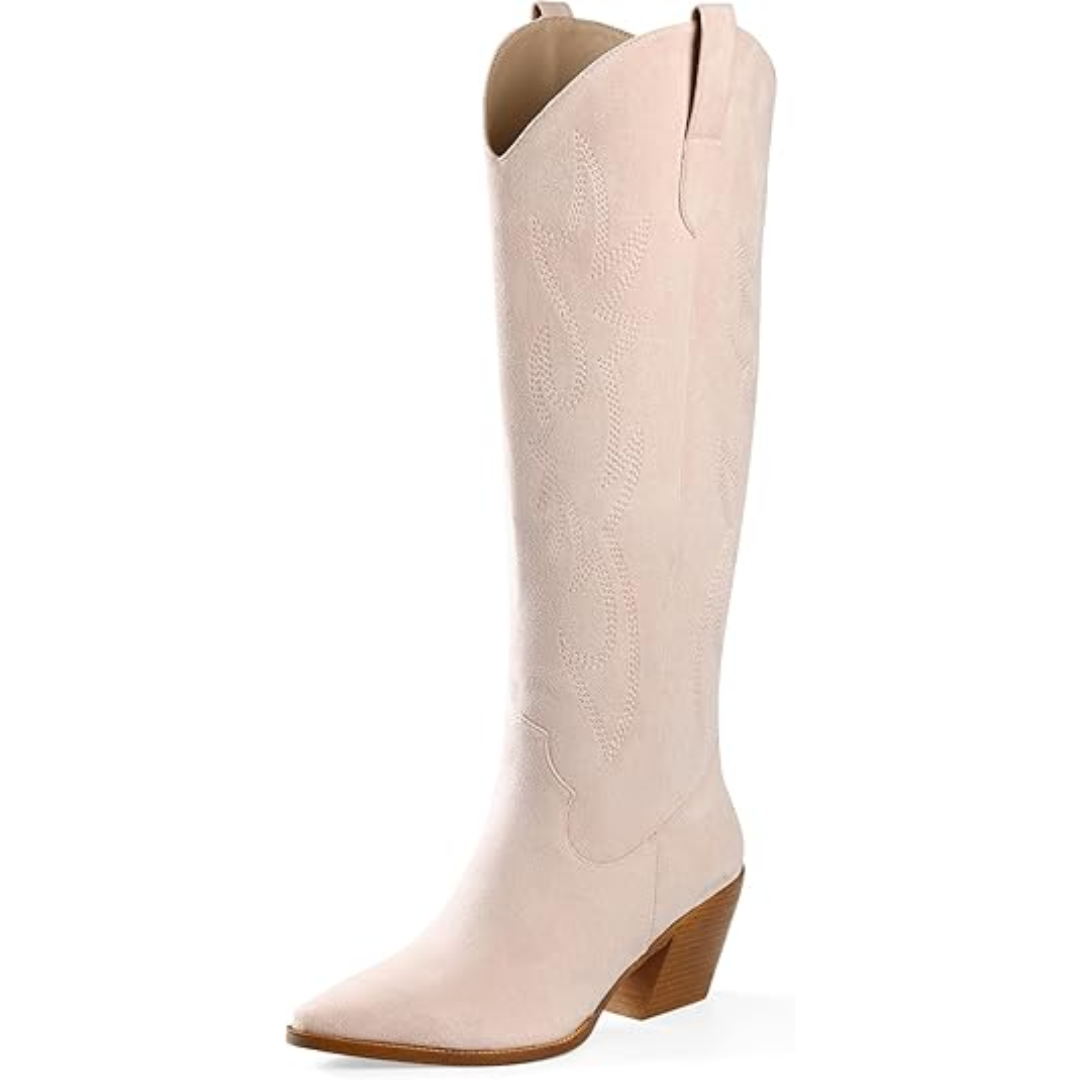 Pointed toe, block heel women's knee-high cowboy boots with detailed embroidery, Western fashion.