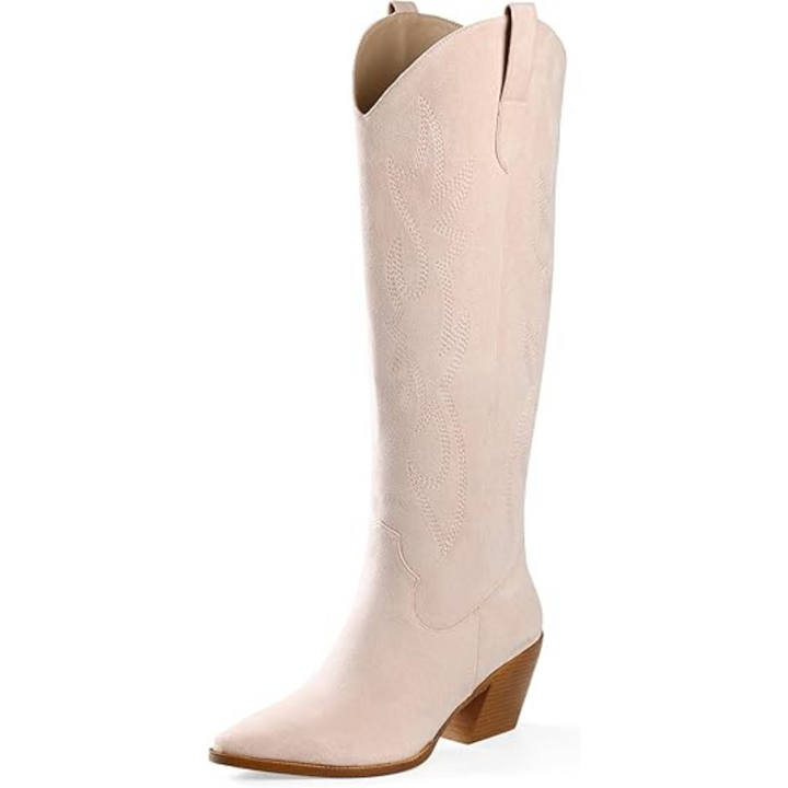 Pointed toe, block heel women's knee-high cowboy boots with detailed embroidery, Western fashion.
