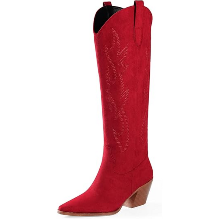 Close-up of women's embroidered knee-high western boots, showcasing unique suede & faux leather design.