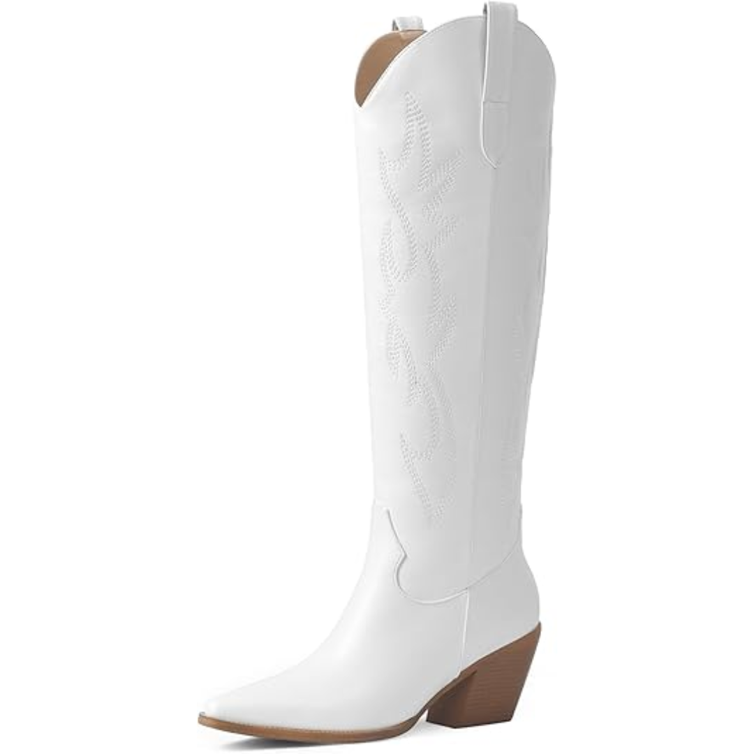 Women's stylish knee-high embroidered cowboy boots, featuring authentic western style & a durable block heel.