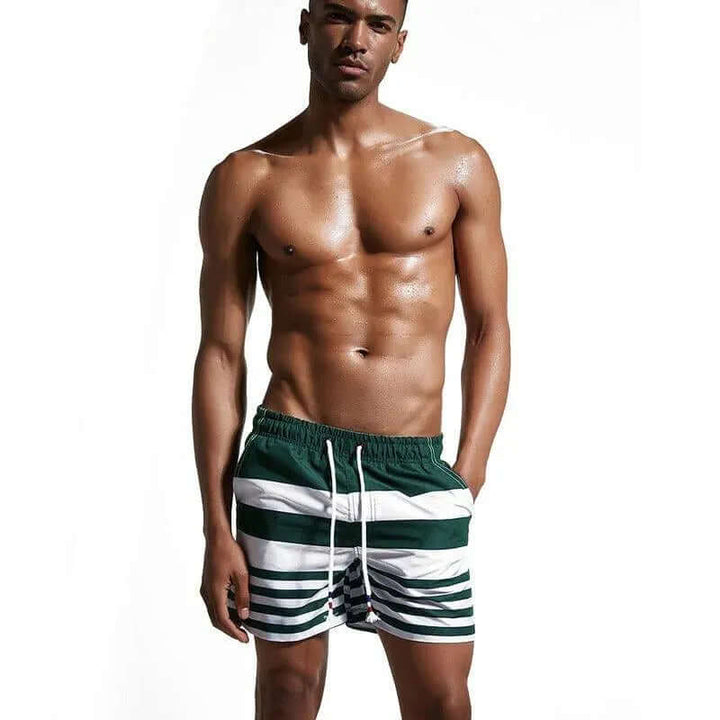 Men's striped quick-dry swim shorts for summer; versatile and comfortable beach & activewear.