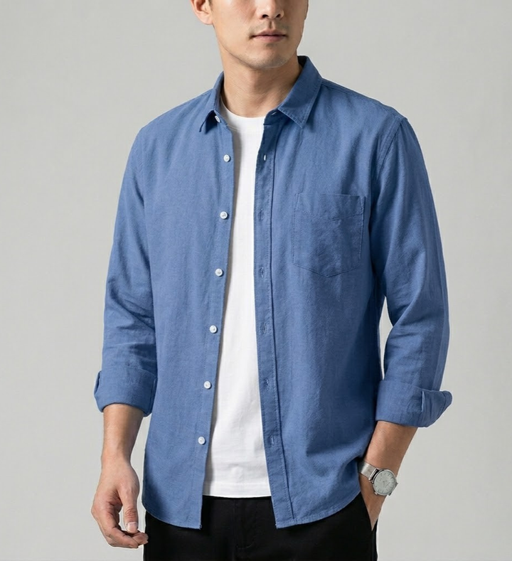 Collared men's long sleeve button-down shirt, a classic, relaxed fit for versatile casual wear.