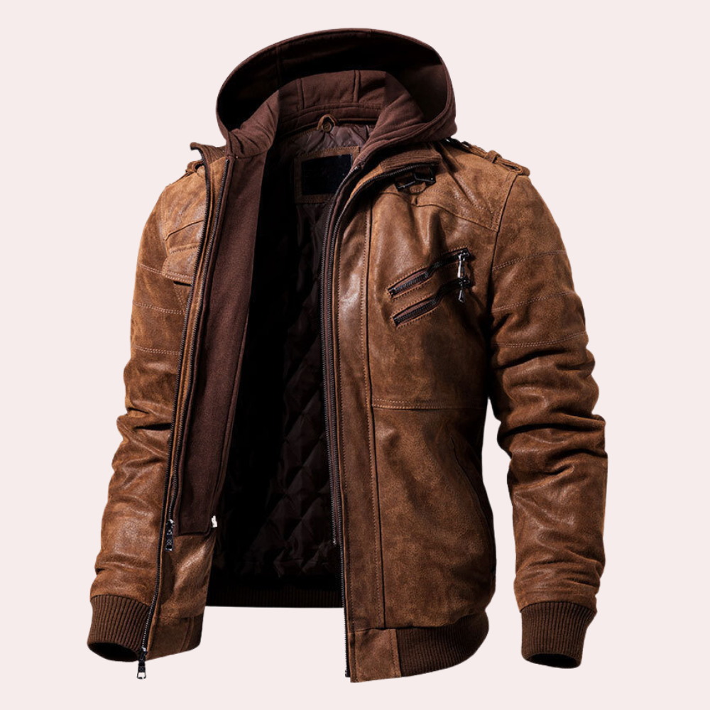 Men's rugged brown distressed leather hooded jacket for casual wear. Moto style outerwear, perfect for cool weather.