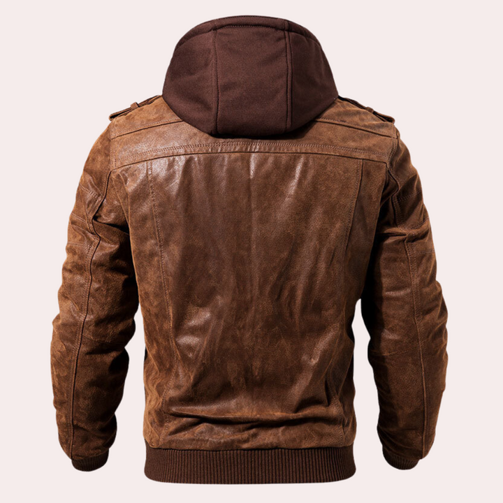 Distressed brown men's leather jacket with a hood. Rugged moto style, ideal casual outerwear for layering & streetwear.