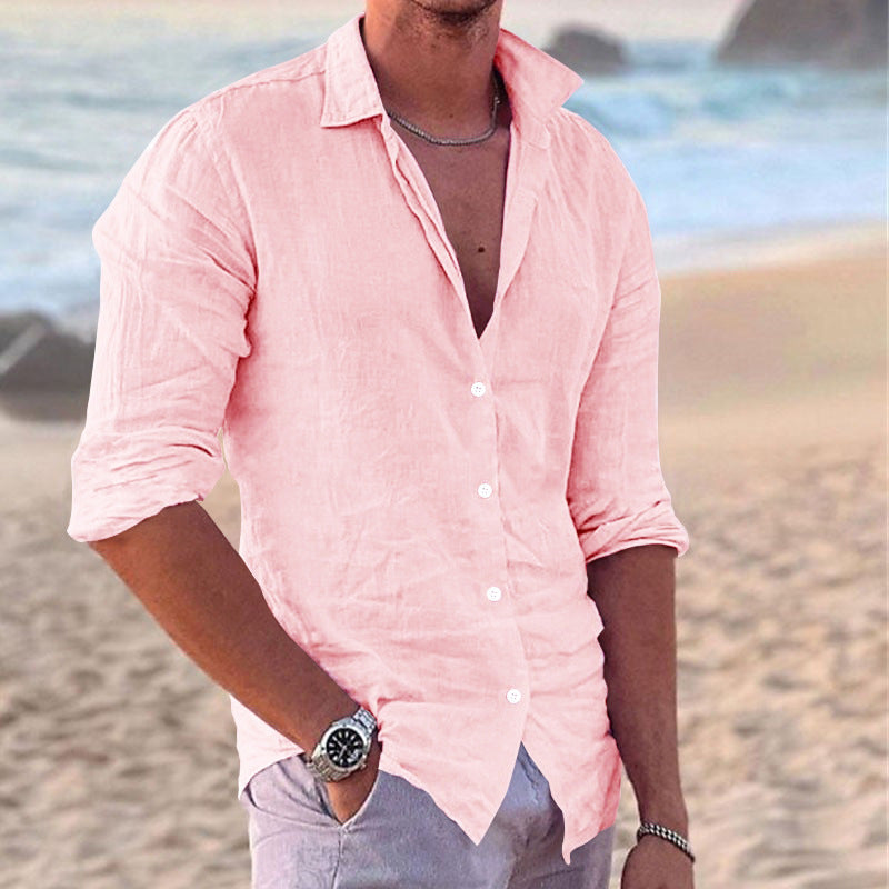 Fashionable men's relaxed fit long sleeve button-down shirt, a key piece for casual menswear.